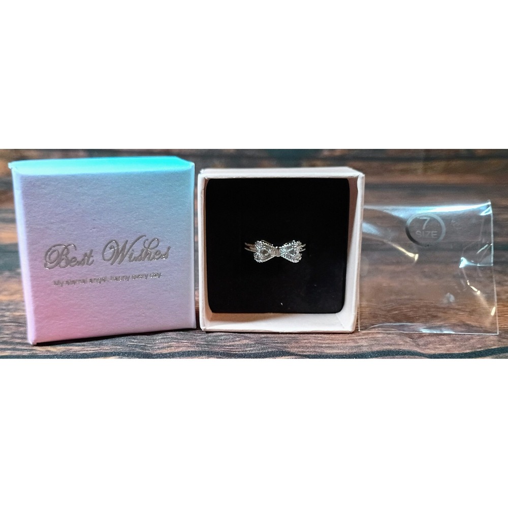 Silver Tone Crystal Bow Ring Size 7 Dainty Ribbon Band with Gift Box